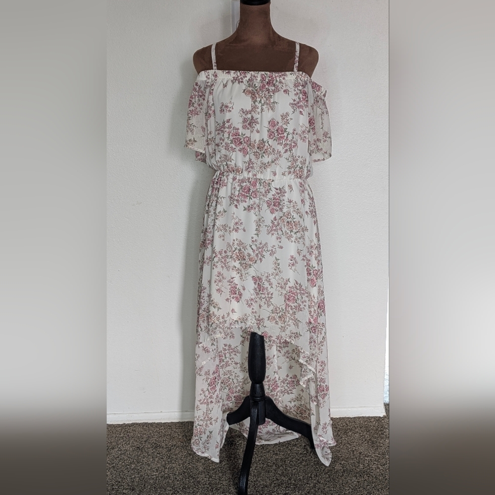 Romantic Floral Off Shoulder Maxi Dress Hi Low Hem AUW Size L Fairycore